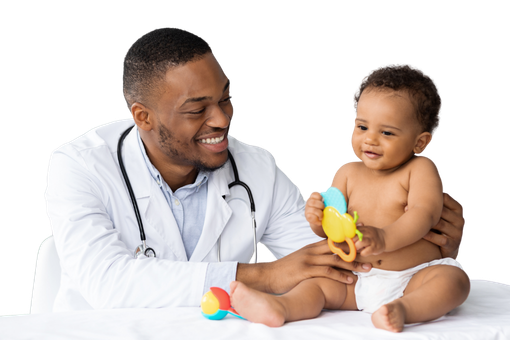 Doctor holding infant with toy