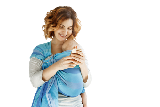 Woman holding baby in blue swaddle
