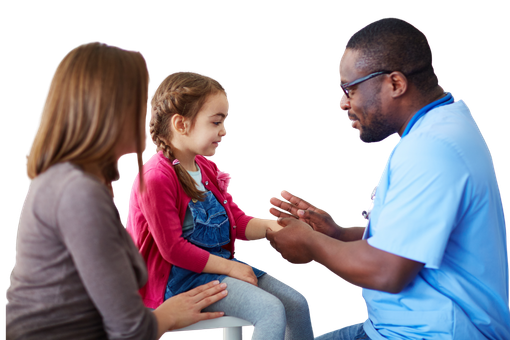 Doctor in blue scrubs holding the hand of young female patient in pink sweater with woman sitting behind