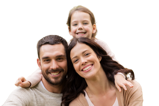 One male and one female adult with young girl on shoulders